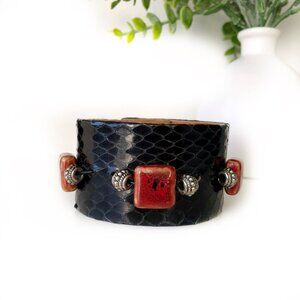 Black Snakeskin Cuff Bracelet with Red Beads: Unique Handmade by MishaGirl